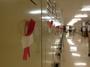Red ribbons were placed on students' lockers to commemorate Red Ribbon Week. Photo by Aili Eggleston